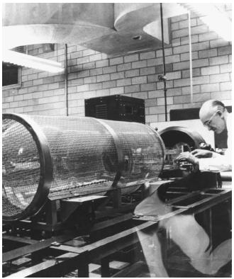A 1962 photo of a wirecaged cathode-ray tube. The glass vacuum chamber encloses an electron gun. (Reproduced courtesy of the Library of Congress.)