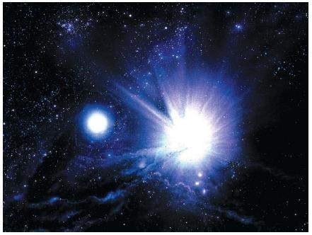 An artist's impression of the birth of two stars from clouds of interstellar matter. As the stars begin to form, their increasing gravity pulls more of the surrounding gases, which will be incorporated into the stars and used as fuel during their lifetime. (Reproduced by permission of Photo Researchers, Inc.)