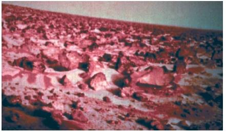 A photograph of the Martian surface taken by one of the Viking landers. The layer of morning frost that can be seen in the photo is less than one-thousandth of an inch thick. (Reproduced by permission of National Aeronautics and Space Administration.)